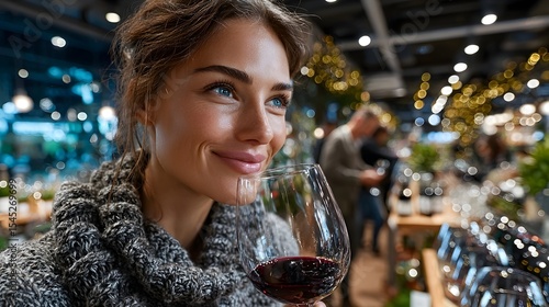 Woman enjoys wine tasting, market