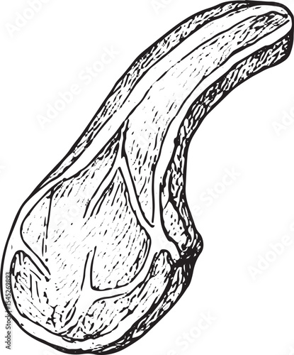 A hand-drawn black-and-white sketch of a juicy beef steak, featuring detailed muscle texture, ideal for butcher shop ads, meat recipes, or culinary art prints
