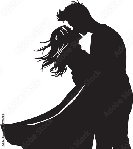 romantic couple silhouette kissing – black and white vector of man and woman with flowing hair and dress in embrace

