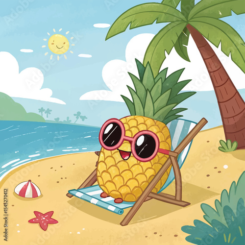 Kawaii cartoon pineapple chilling on a beach chair  vector illustation