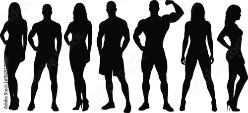 Silhouettes of diverse men and women, fitness bodies, fashion poses, lifestyle expression, standing and flexing, high contrast vector art, inclusive illustration, modern aesthetic