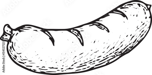 A hand-drawn black-and-white sketch of a raw sausage link, with textured casing and meat, ideal for deli displays, meat processing art, or sausage recipe illustrations