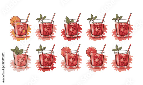 Scalable modern vector illustration inspired by a collection of ten red-toned cocktails, Negroni cocktail set with ice cubes and orange slice garnish in a glass, easily editable.
