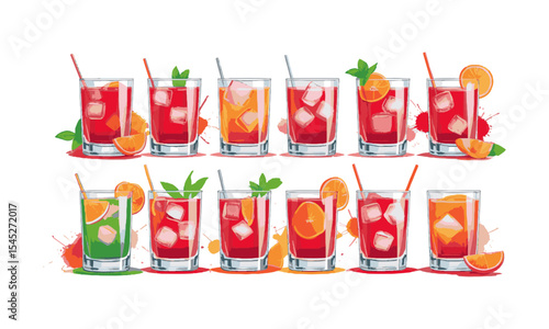 Scalable modern vector illustration inspired by a collection of ten red-toned cocktails, Negroni cocktail set with ice cubes and orange slice garnish in a glass, easily editable.
