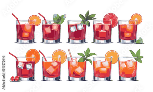 Scalable modern vector illustration inspired by a collection of ten red-toned cocktails, Negroni cocktail set with ice cubes and orange slice garnish in a glass, easily editable.
