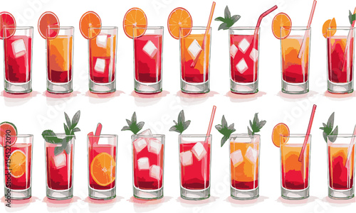 Scalable modern vector illustration inspired by a collection of ten red-toned cocktails, Negroni cocktail set with ice cubes and orange slice garnish in a glass, easily editable.

