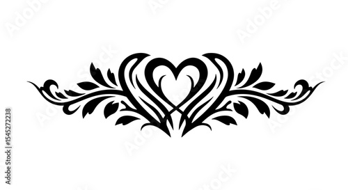 Black heart with floral ornament. Elegant heart design with swirling leaves and decorative elements.  Stylish heart graphic for wedding invitations or romantic designs.