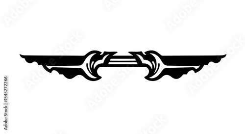 Elegant black and white delimiter, divider for design projects. Stylish divider with symmetrical floral motifs and wave patterns. This decorative element is perfect for invitations, announcements,