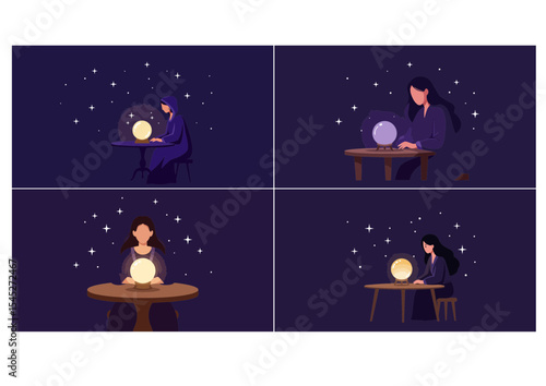 Fortune teller with crystal ball on table surrounded by stars for mystical concept