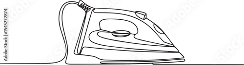  continuous line drawing of a modern electric iron with trailing cord on white background