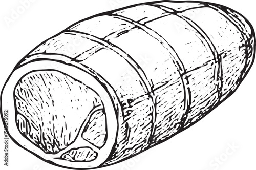 A hand-drawn black-and-white sketch of a raw ham roll, showing layered meat and fat, ideal for charcuterie boards, holiday recipes, or meat product packaging