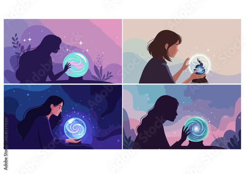 Mystical woman gazing into swirling galaxy crystal ball for divination concept