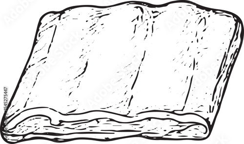 A detailed black-and-white sketch of a raw pork rib, highlighting bone and meat layers, perfect for BBQ designs, meat lover art, or restaurant menu graphics