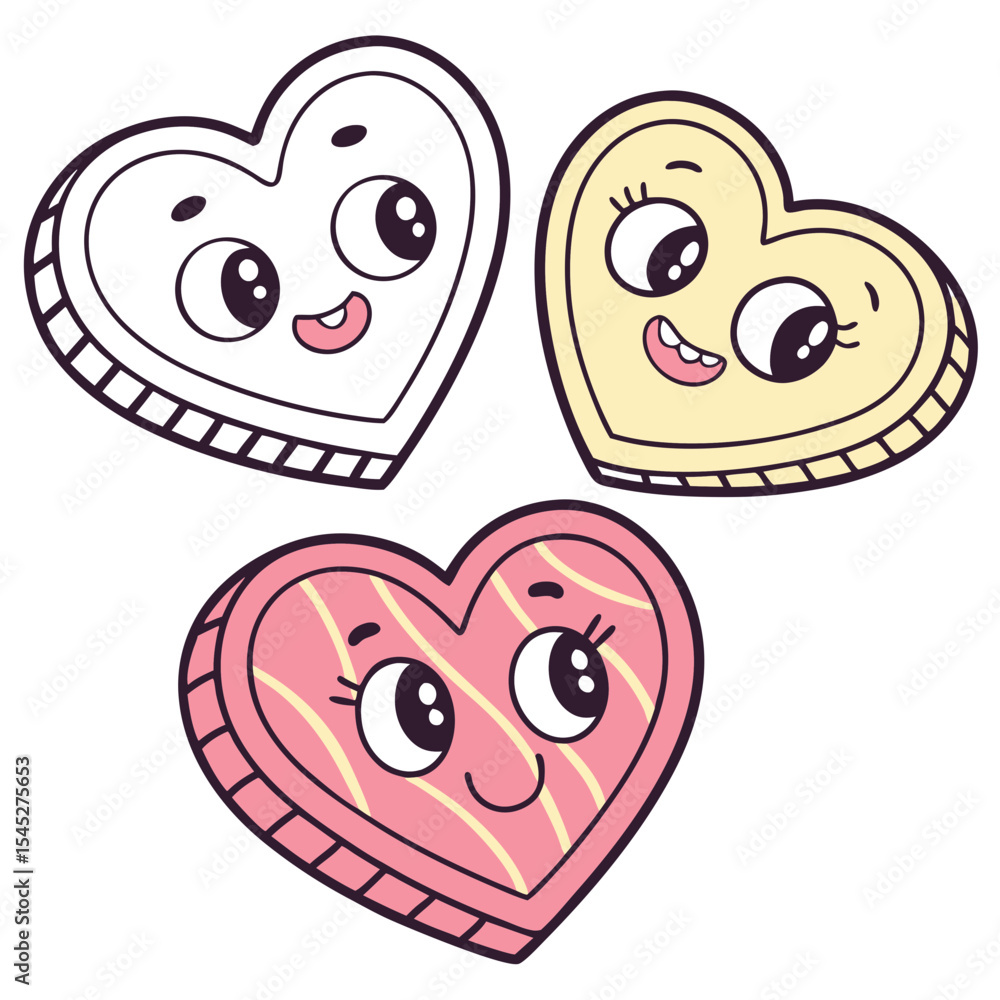 Obraz premium Cute Kawaii Heart Stickers – Cartoon Vector Set 