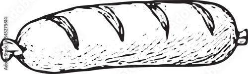 A hand-drawn black-and-white sketch of a raw sausage link, with textured casing and meat, ideal for deli displays, meat processing art, or sausage recipe illustrations