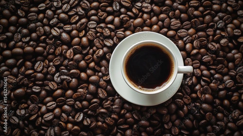Fototapeta premium Top view of coffee cup on roasted beans background for cafe espresso drink product concept photography