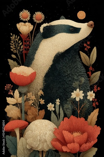 illustration of animal in vintage boho style. badger on background of plants and flowers. botanical drawing style. Postcard. notebook cover, print concept. scrapbooking wallpapers. digital art