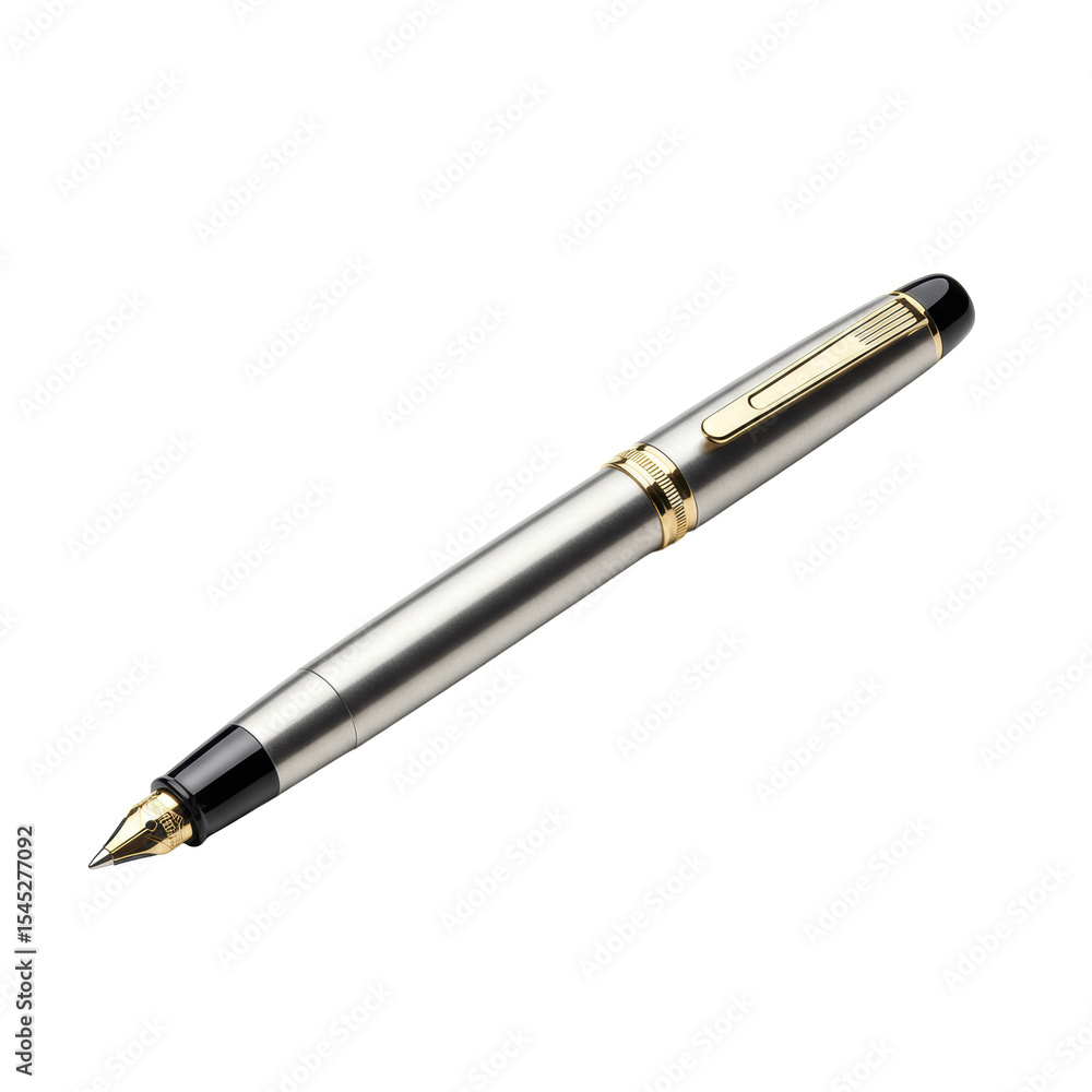 Sleek, minimalist luxury rollerball pen with polished platinum body, gold accents, and black glossy resin cap, on a transparent seamless studio background, high-key aesthetic concept of high-end Sleek, minimalist luxury rollerball pen with polished platinum body, gold accents, and black glossy resin cap, on a transparent seamless studio background, high-key aesthetic concept of high-end