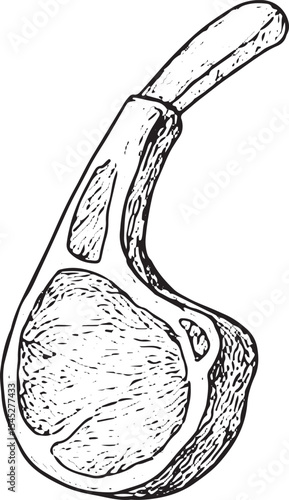 A hand-drawn black-and-white sketch of a juicy beef steak, featuring detailed muscle texture, ideal for butcher shop ads, meat recipes, or culinary art prints