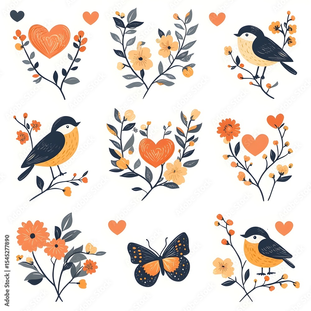 Fototapeta premium Charming illustration of birds, flowers, and butterflies in a whimsical design with hearts. Perfect for nature, love, and floral themes in a playful and decorative context.