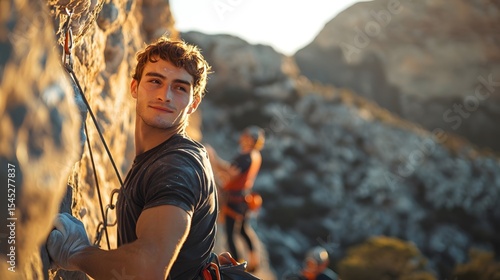 In the early morning at the rock climbing site, climbers focus intently on scaling the rock wall