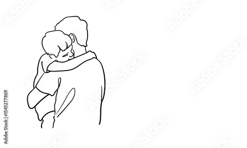 Continuous line happy father with son on white background. Parents with baby. Line art drawing. Vector illustration	