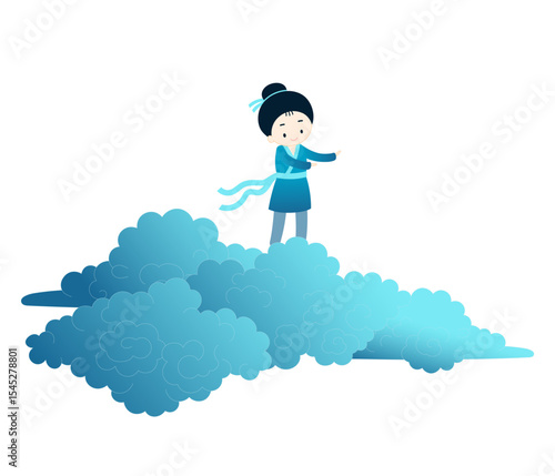Qixi Festival, Tanabata cowherd, Hikoboshi on fluffy clouds kawaii character illustration, isolated vector. Hand drawn cute flat style design. Traditional Chinese, Japanese holiday clip art element
