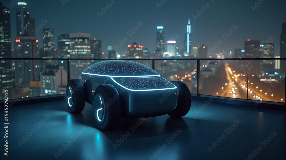 Obraz premium Futuristic car parked on rooftop with city night view 