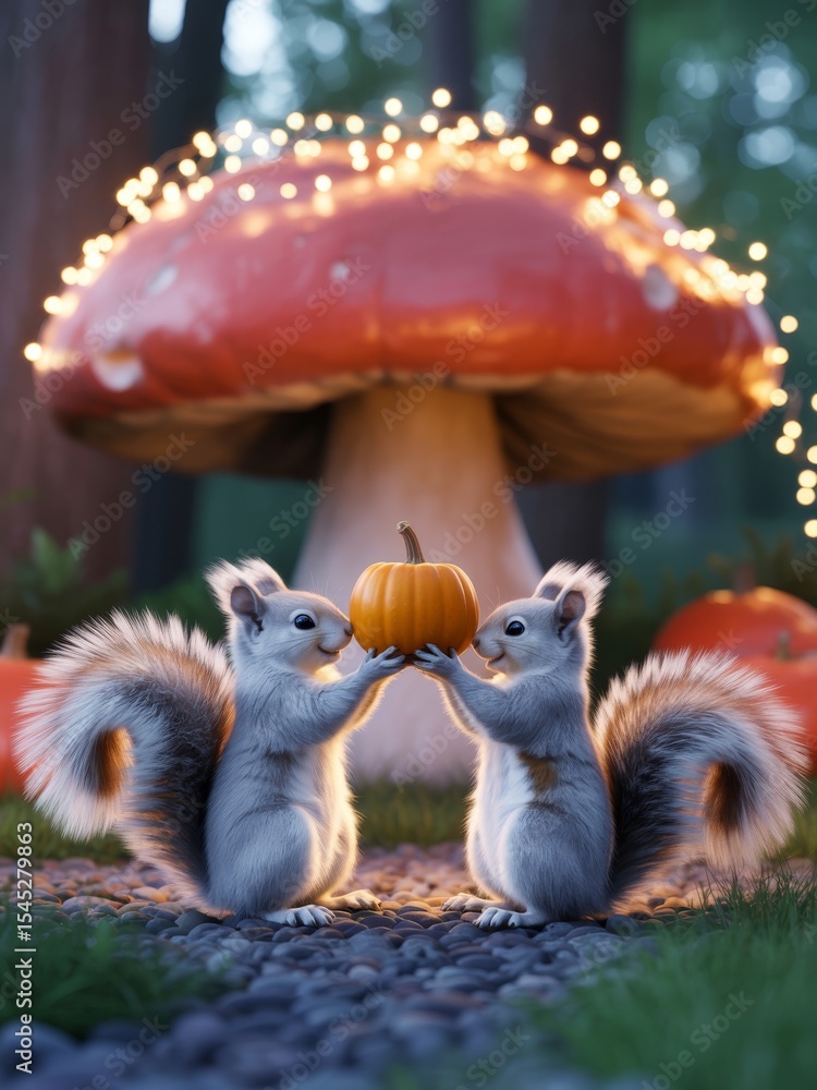 Fototapeta premium Two squirrels sharing a tiny pumpkin autumn magic