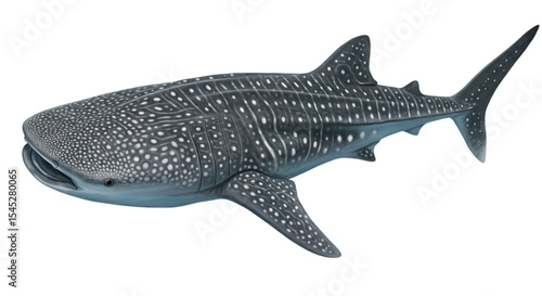 A white-spotted, broad-headed whale shark glides through the water, isolated on the transparent seabed.