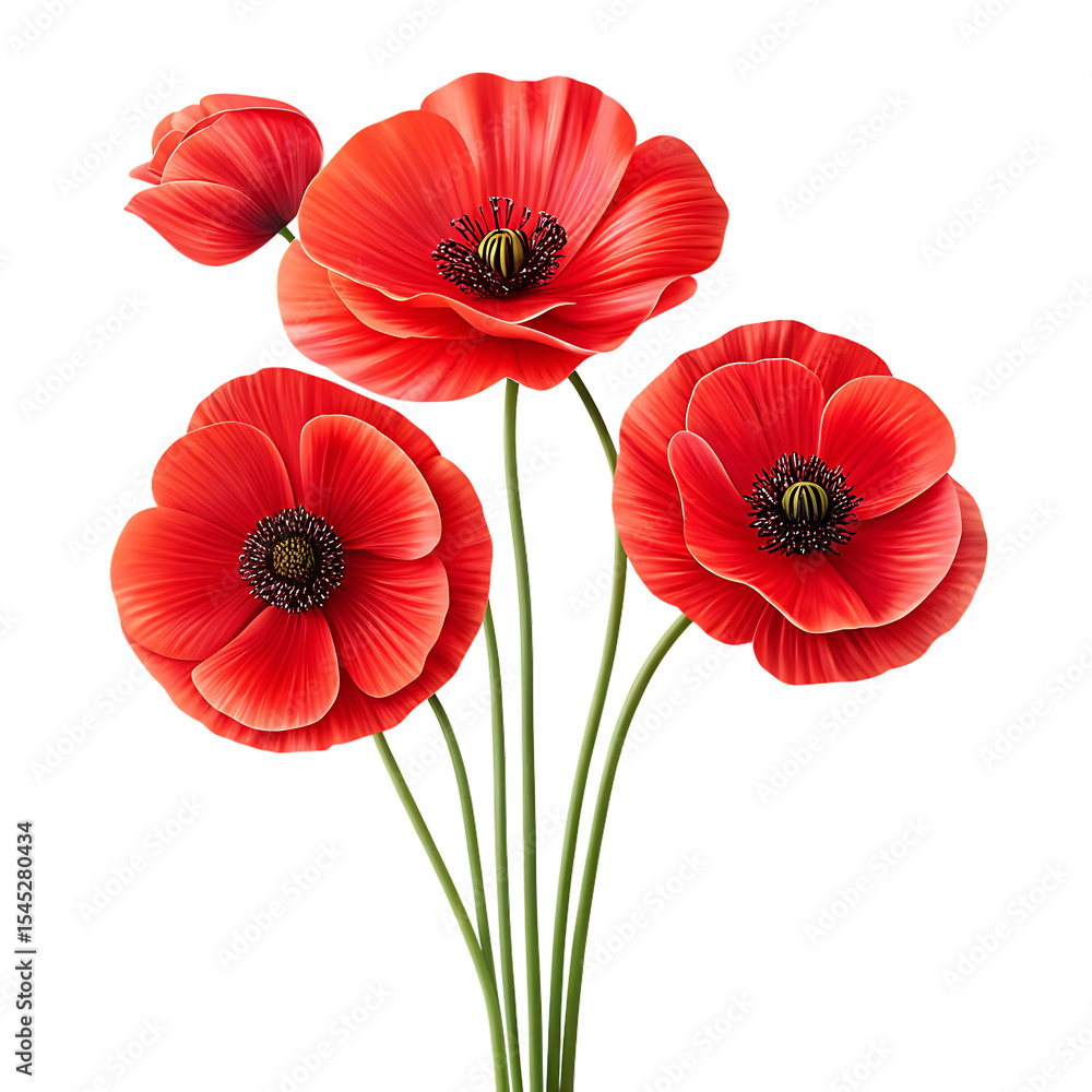 Obraz premium Beautiful red poppy flowers isolated on black background on transparent background