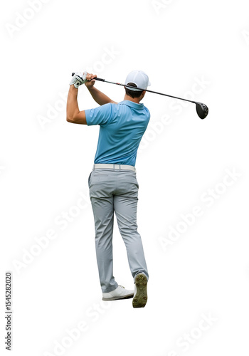 Man Swinging Golf Club with Driver on Isolated Background