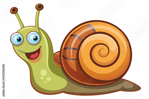 Bright and cheerful cartoon snail character with a vibrant orange spiral shell, blue body, and big smiling face. 