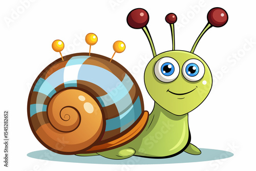 Bright and cheerful cartoon snail character with a vibrant orange spiral shell, blue body, and big smiling face. 