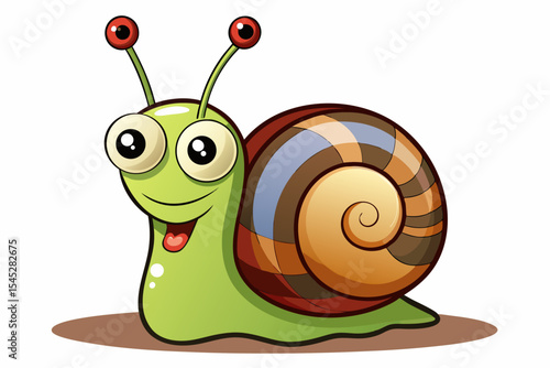 Bright and cheerful cartoon snail character with a vibrant orange spiral shell, blue body, and big smiling face. 
