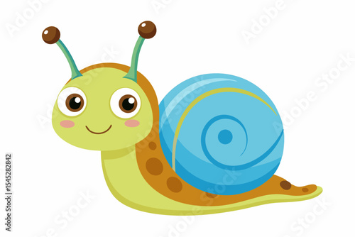 Bright and cheerful cartoon snail character with a vibrant orange spiral shell, blue body, and big smiling face. 