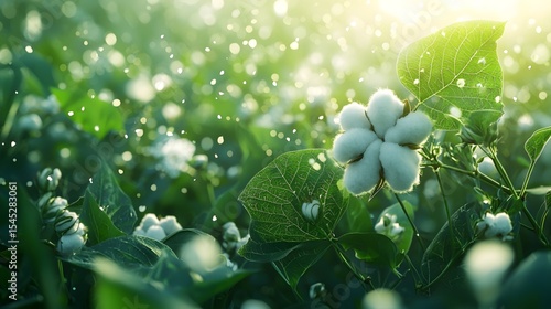 In the cotton field, green leaves and white flowers intertwine