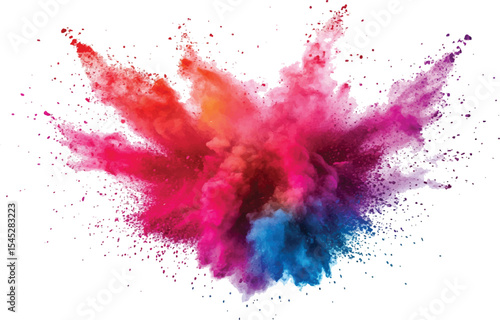 Bright rainbow paint color powder festival explosion burst isolated white background. Colorful vibrant rainbow Holi paint color powder explosion with bright colors isolated transparent background