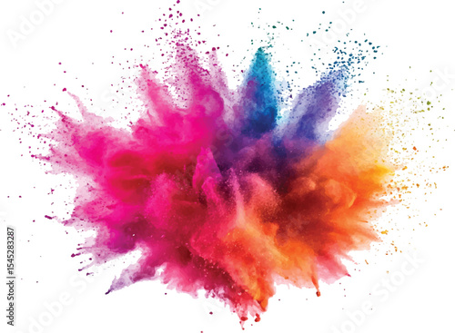 Bright rainbow paint color powder festival explosion burst isolated white background. Colorful vibrant rainbow Holi paint color powder explosion with bright colors isolated transparent background