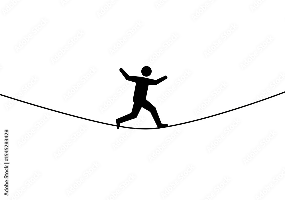 Fototapeta premium A black silhouette of a person walking on a tightrope against a white background in a simple design