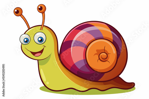 Bright and cheerful cartoon snail character with a vibrant orange spiral shell, blue body, and big smiling face. 