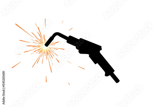 Silhouette of a welding gun with sparks emanating from the tip on a white background image
