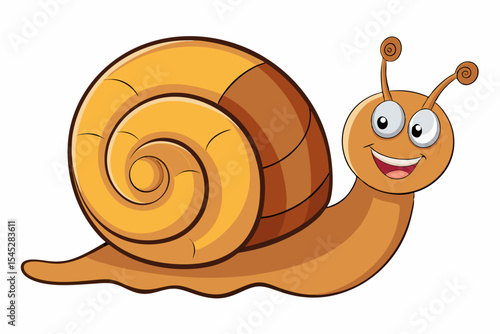 Bright and cheerful cartoon snail character with a vibrant orange spiral shell, blue body, and big smiling face. 