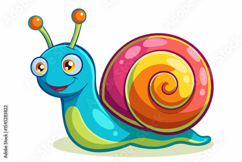Bright and cheerful cartoon snail character with a vibrant orange spiral shell, blue body, and big smiling face. 