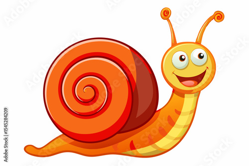 Bright and cheerful cartoon snail character with a vibrant orange spiral shell, blue body, and big smiling face. 
