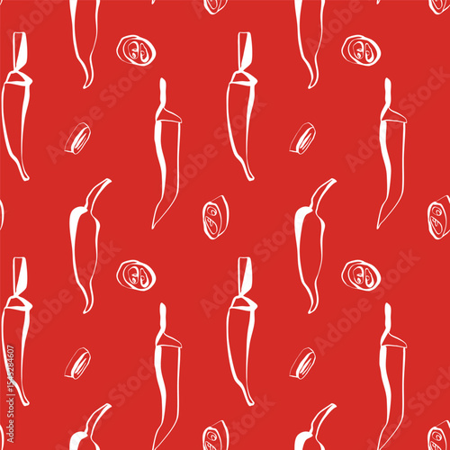 Hand drawn chili peppers and slices seamless pattern with white lines on red background for food packaging and surface design