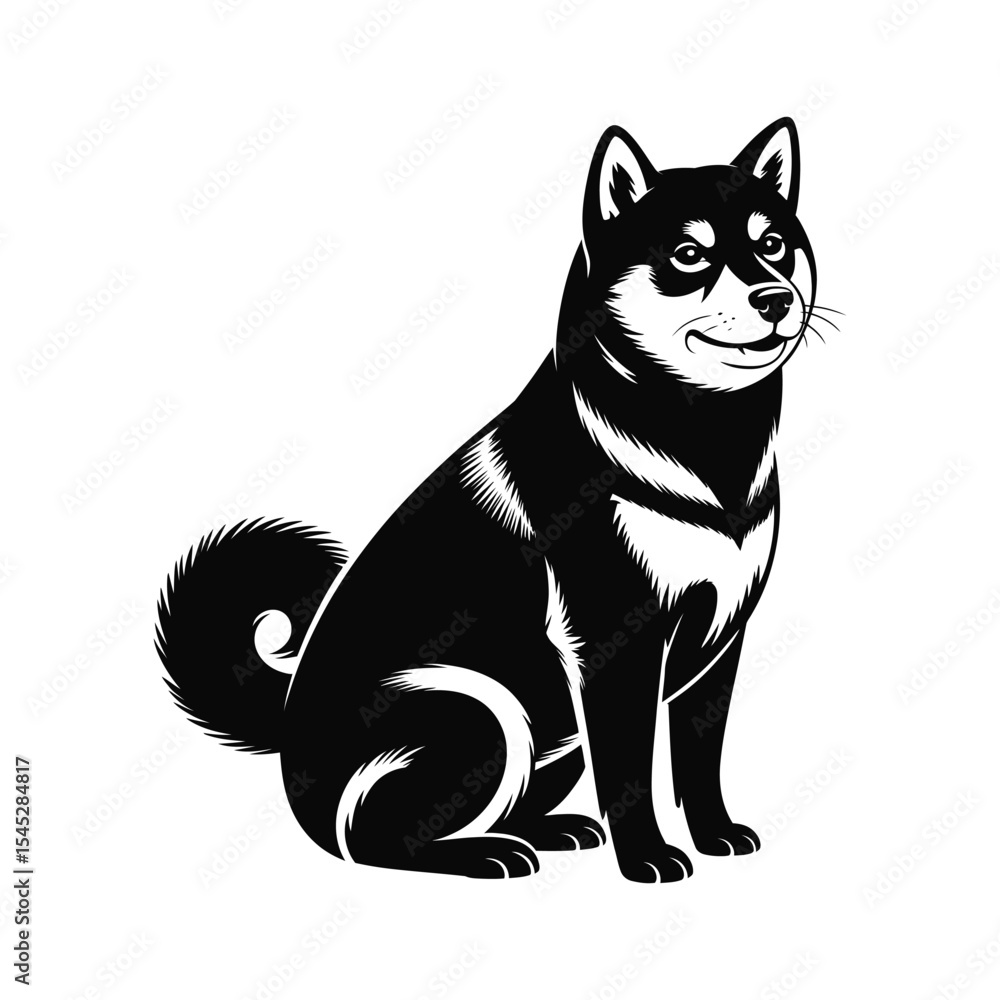 Obraz premium Black and white vector shiba inu dog sitting illustration