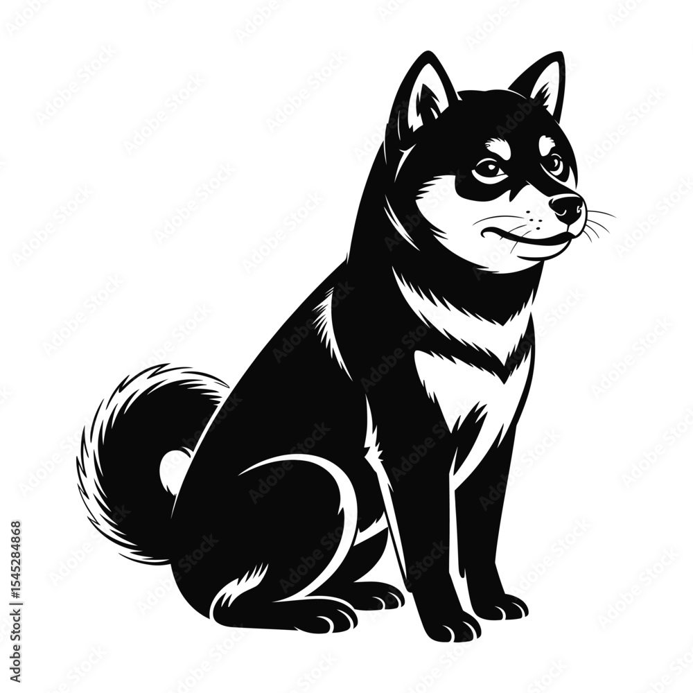 Obraz premium A black and white vector illustration of a Shiba Inu dog in a sitting position