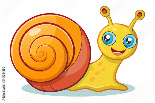 Bright and cheerful cartoon snail character with a vibrant orange spiral shell, blue body, and big smiling face. 