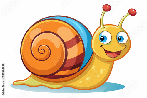 Bright and cheerful cartoon snail character with a vibrant orange spiral shell, blue body, and big smiling face. 